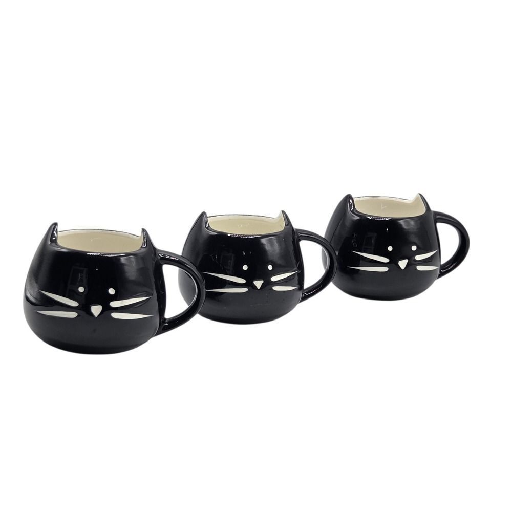 Set‎ of 3 Black Kitty Cat Ceramic Coffee Mug 14oz Cat Lovers Halloween